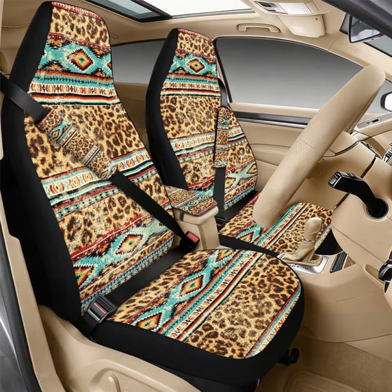 Xixirimido Car Seat Cover Set of 5 Pieces Front Seat Covers with Matching Seat Belt and Center Console Covers PU Leather Fits Most Vehicles, Ethnic Tribal Leopard Brown