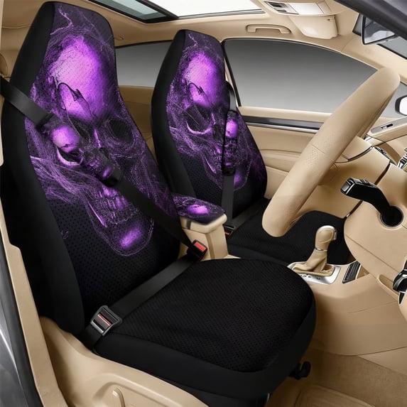 Xixirimido Car Seat Cover Set of 5 Pieces Front Seat Covers with Matching Seat Belt and Center Console Covers PU Leather Fits Most Vehicles, Purple Skull