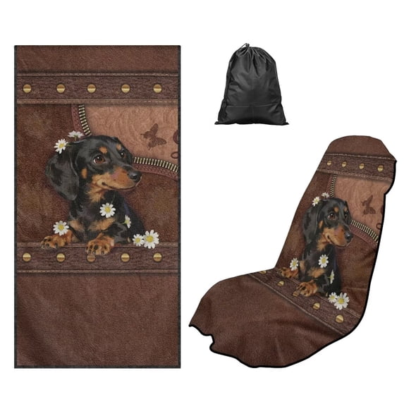 Xixirimido Car Seat Cover Towel Sweatproof Gym Seat Protector with Non-Slip Backing Universal Fit Front Seat Mat for Sports, Beach, Swimming, Dachshund Dig Daisy Brown