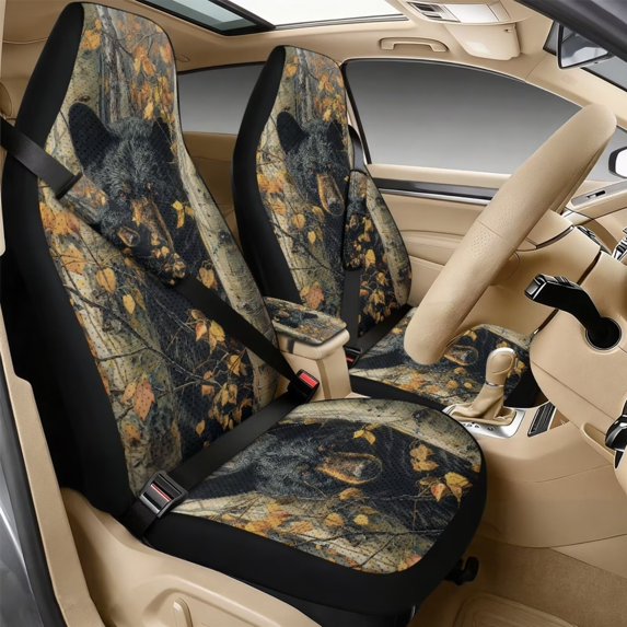 Xixirimido Car Seat Covers for Front Seats 5Pcs Car Accessories with Seat Belt Covers & Center Console Cover Universal Fit for SUVs,Vans,Trucks,Sedans, Bear Forest Camo