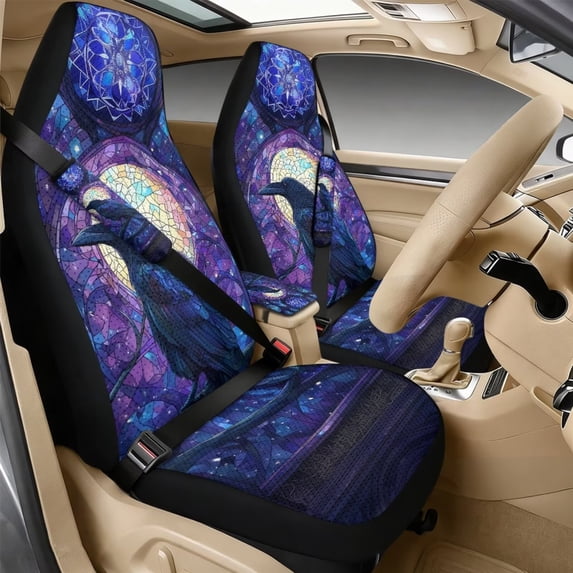 Xixirimido Car Seat Covers for Front Seats 5Pcs Car Accessories with Seat Belt Covers & Center Console Cover Universal Fit for SUVs,Vans,Trucks,Sedans, Stained Glass Crow