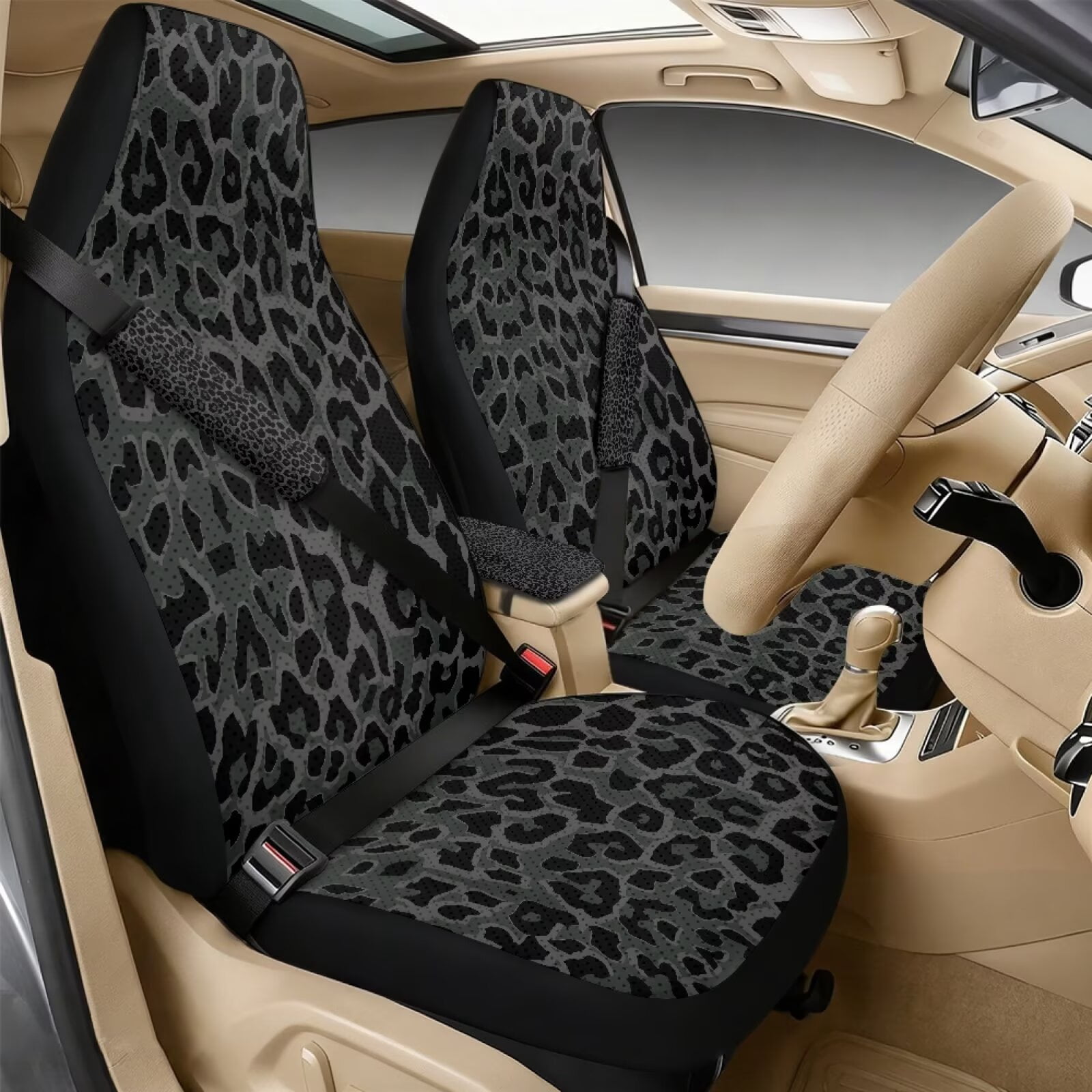Xixirimido Car Seat Covers Front Seats Only with Belt Covers Armrest Box Cover 5Pcs Set for SUV Sedan Van Truck PU Leather Seat Protector Automotive Accessories, Black Leopard