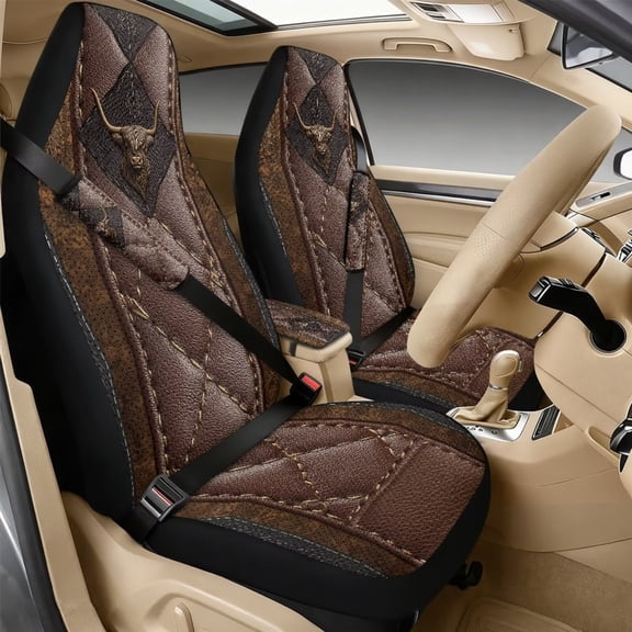 Xixirimido Car Seat Covers Front Seats Only with Belt Covers Armrest Box Cover 5Pcs Set for SUV Sedan Van Truck PU Leather Seat Protector Automotive Accessories, Cow Leather Print