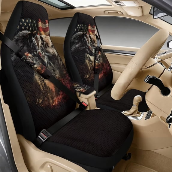 Xixirimido Car Seat Covers Front Seats Only with Belt Covers Armrest Box Cover 5Pcs Set for SUV Sedan Van Truck PU Leather Seat Protector Automotive Accessories, Wolf Forest American Flag