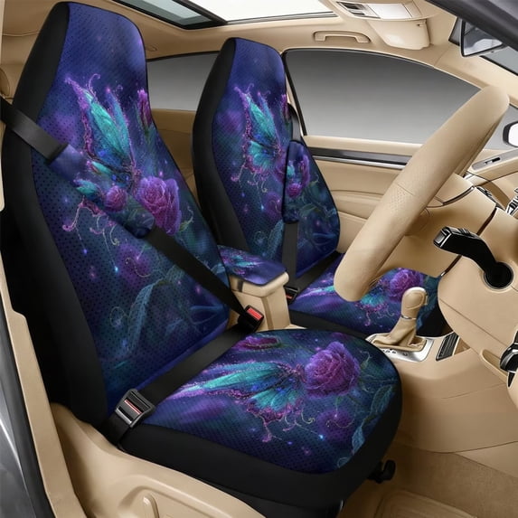Xixirimido Car Seat Covers Front Seats Leather Universal Fit for Cars, Vans, Trucks, SUV, Set of 5 Car Seat Protector with Seatbelt Covers & Center Console Cover, Butterfly Purple Roses