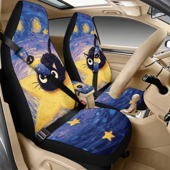 Xixirimido Car Seat Covers Front Seats Leather Universal Fit for Cars, Vans, Trucks, SUV, Set of 5 Car Seat Protector with Seatbelt Covers & Center Console Cover, Cute Cat Stars Starry