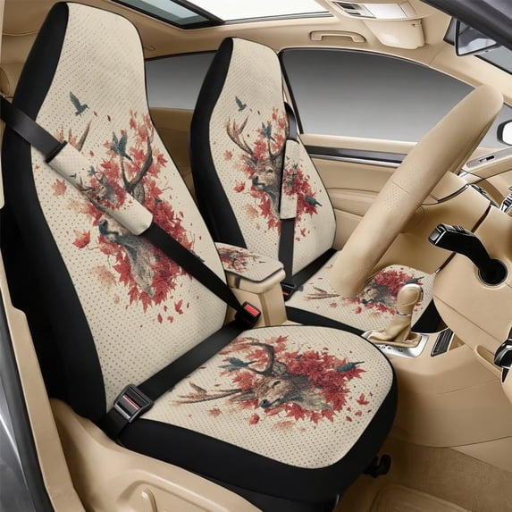 Xixirimido Car Seat Covers Front Seats Leather Universal Fit for Cars, Vans, Trucks, SUV, Set of 5 Car Seat Protector with Seatbelt Covers & Center Console Cover, Deer Bird Maple Leaf