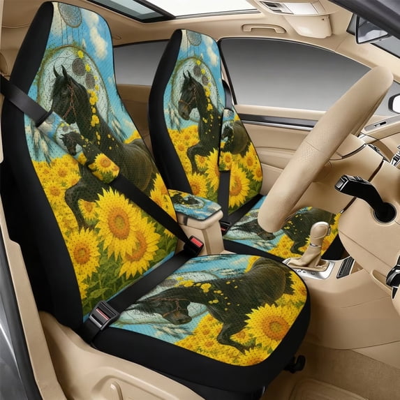 Xixirimido Car Seat Covers Front Seats Leather Universal Fit for Cars, Vans, Trucks, SUV, Set of 5 Car Seat Protector with Seatbelt Covers & Center Console Cover, Horse Sunflower Dream Catcher