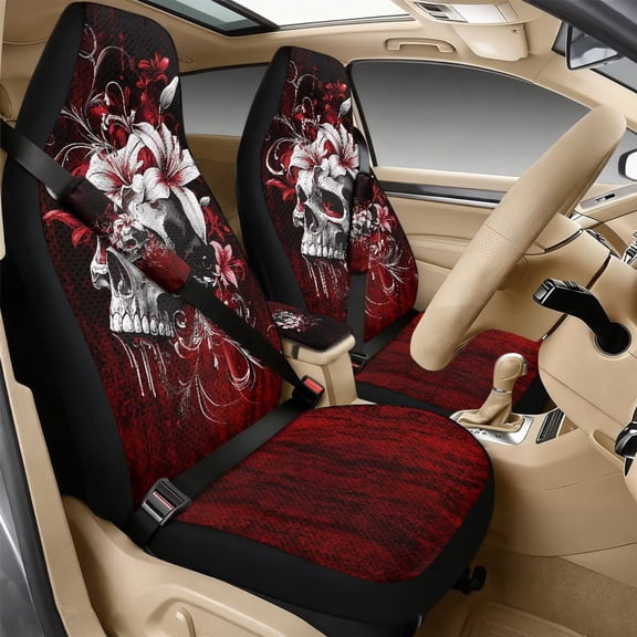 Xixirimido Car Seat Covers Front Seats Leather Universal Fit for Cars, Vans, Trucks, SUV, Set of 5 Car Seat Protector with Seatbelt Covers & Center Console Cover, Red Paint Skull Floral