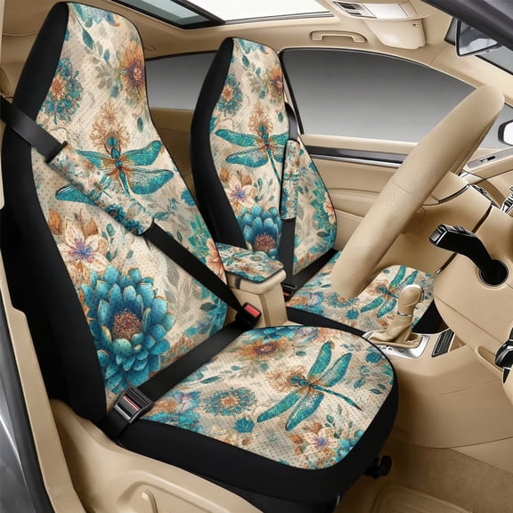 Xixirimido Car Seat Protection Set 5 Pieces Breathable PU Leather Front Seat Covers with Seat Belt and Console Covers Universal Fits Most Cars, Boho Mandala Dragonfly