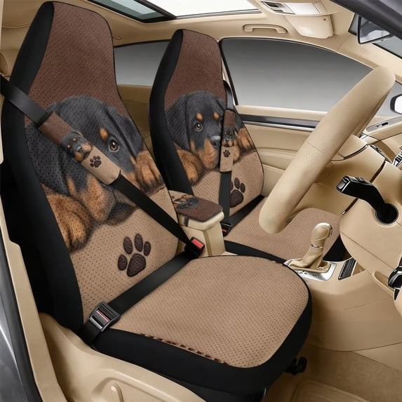 Xixirimido Car Seat Protection Set 5 Pieces Breathable PU Leather Front Seat Covers with Seat Belt and Console Covers Universal Fits Most Cars, Brown Rottweiler Dog Paw