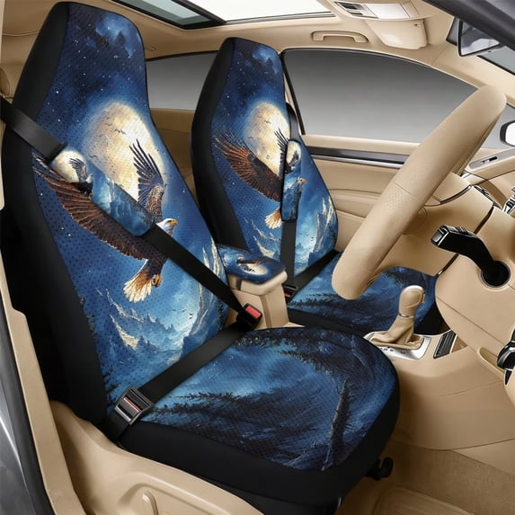 Xixirimido Car Seat Protection Set 5 Pieces Breathable PU Leather Front Seat Covers with Seat Belt and Console Covers Universal Fits Most Cars, Eagle Moon Starry Night
