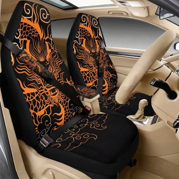 Xixirimido Car Seat Protection Set 5 Pieces Breathable PU Leather Front Seat Covers with Seat Belt and Console Covers Universal Fits Most Cars, Japanese Dragon