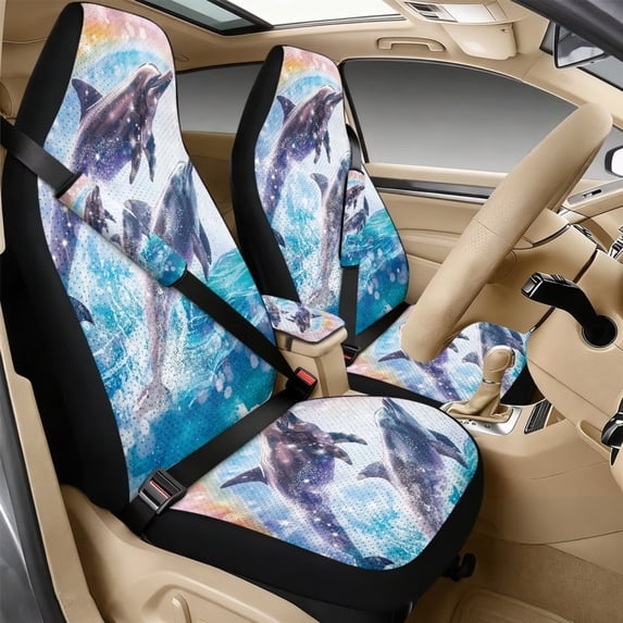 Xixirimido Car Seat Protection Set 5 Pieces Breathable PU Leather Front Seat Covers with Seat Belt and Console Covers Universal Fits Most Cars, Sea Dolphins