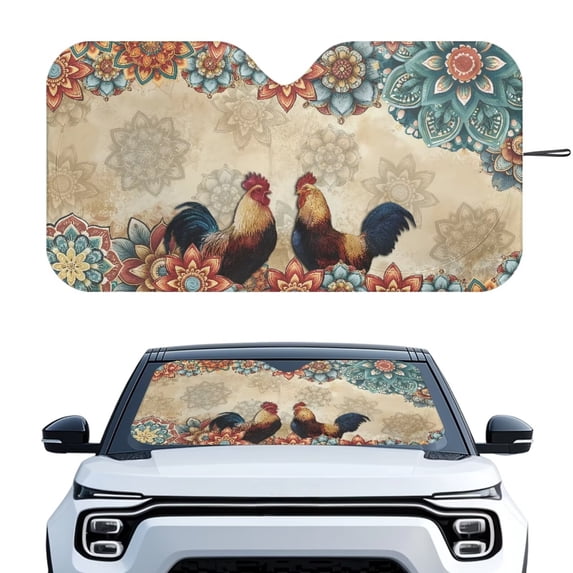 Xixirimido Car Windshield Sun Shade Car Sun Visor Block UV Rays Foldable Automotive Windshield Sunshades Front Window Sun Blocker Keep Your Vehicle Cool, Boho Mandala Roosters