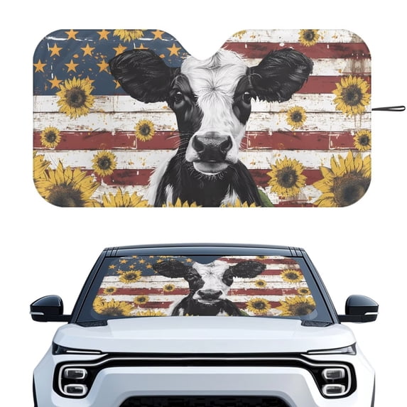 Xixirimido Car Windshield Sun Shade Car Sun Visor Block UV Rays Foldable Automotive Windshield Sunshades Front Window Sun Blocker Keep Your Vehicle Cool, Cow American Flag Sunflower