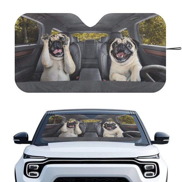 Xixirimido Car Windshield Sun Shade Foldable Sun Visor for Front Window Sunshade Universal Fit Most Truck SUV Vans Car Interior Accessories, Fuuny Pug Dogs