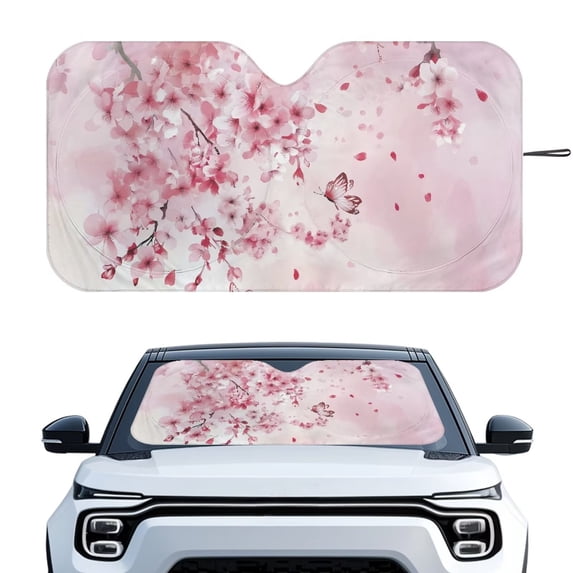 Xixirimido Car Windshield Sun Shade Foldable Sun Visor for Front Window Sunshade Universal Fit Most Truck SUV Vans Car Interior Accessories, Pink Butterfly Cherry Blossom