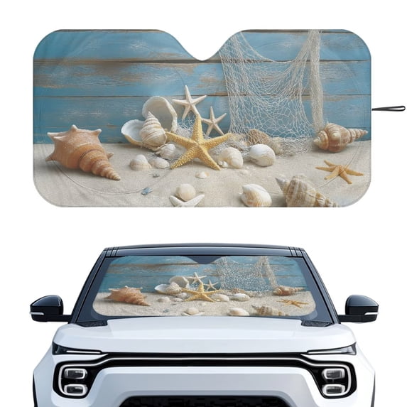 Xixirimido Car Windshield Sun Shade Foldable Sun Visor for Front Window Sunshade Universal Fit Most Truck SUV Vans Car Interior Accessories, Starfish Shell Conch Woodgrain