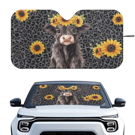 Xixirimido Car Windshield Sun Shade Foldable Sunshade Front Window Cover Sun Visor for Trucks SUVs Sedan Universal Car Interior Accessories, Highland Cattle Sunflower Leopard