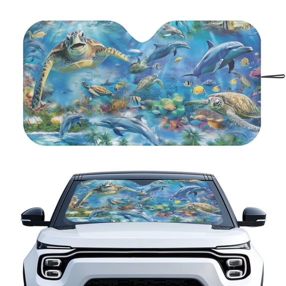 Xixirimido Car Windshield Sun Shade Foldable Sunshade Front Window Cover Sun Visor for Trucks SUVs Sedan Universal Car Interior Accessories, Sea Turtle Fishes Dolphin Undersea