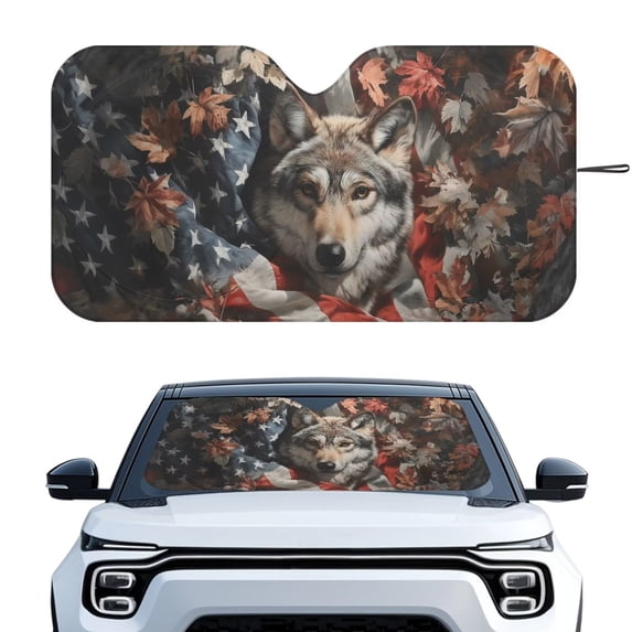 Xixirimido Car Windshield Sun Shade Sun Visor for Front Window Sunshade Block UV Rays Universal Fit Truck SUV Van Auto Accessories, American Flag Wolf Leaves