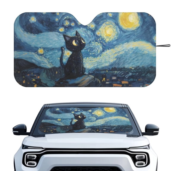 Xixirimido Car Windshield Sun Shade Sun Visor for Front Window Sunshade Block UV Rays Universal Fit Truck SUV Van Auto Accessories, Black Cat Starry Night