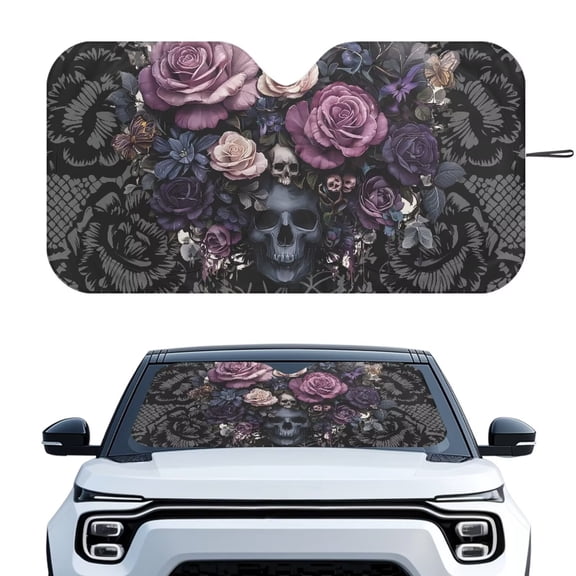 Xixirimido Car Windshield Sun Shade Sun Visor for Front Window Sunshade Block UV Rays Universal Fit Truck SUV Van Auto Accessories, Gothic Skull Roses