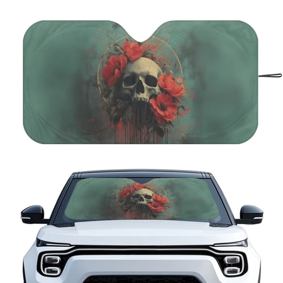Xixirimido Car Windshield Sun Shade Universal Fit for SUV Truck Sedan Auto Front Window Sunshade Sun Visor Block UV Rays Keep Cool Car Accessories, Skull Red Poppy Flower