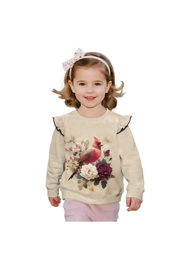 Cardinal Bird Roses Beige Print Toddler Girls Sweatshirt Crewneck Pullover Long Sleeve Tops Blouse Graphic Sweater T-Shirt Fall Winter Clothes Ruffle Shoulder, for 1-2T