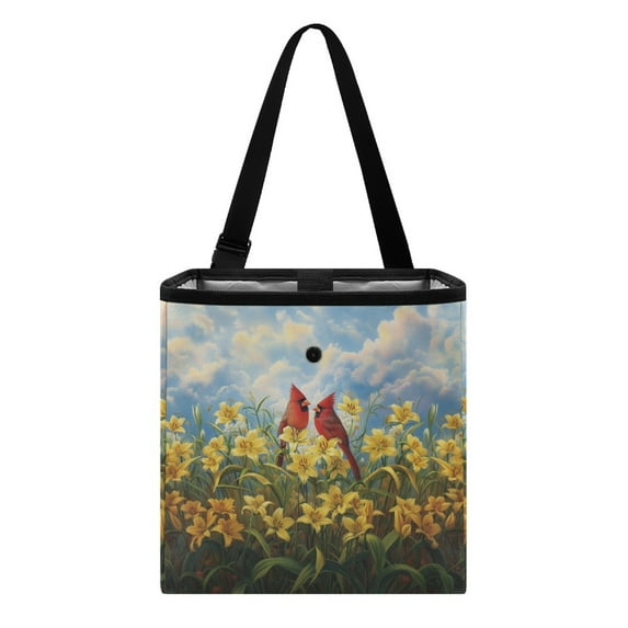 Xixirimido Cardinal Bird Yellow Lily Print Car Trash Can Leakproof Trash Bin Car Garbage Can Hanging Water-Resistant Collapsible Auto Trash Bag Car Accessories for Women Men