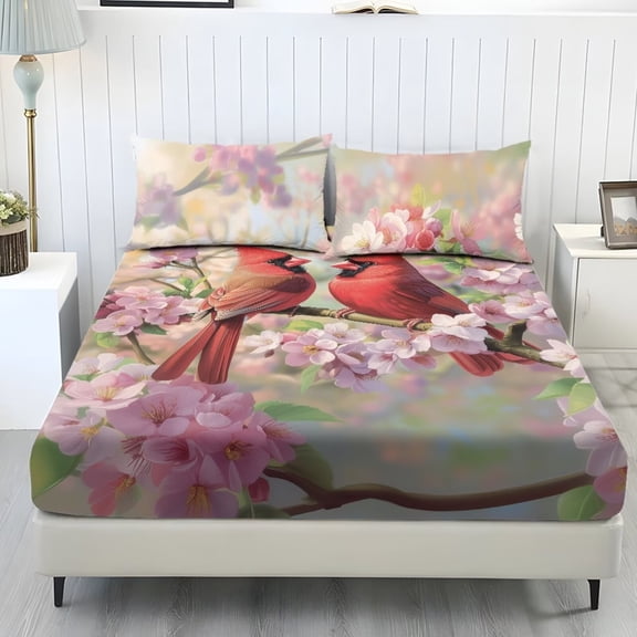 Xixirimido Cardinal Birds & Cherry Blossom Print Bed Sheets Set 3 Piece Bedding Sheet Set, Comfy Non-Slip Bedsheet & Pillowcases Deep Pocket Fitted Sheet for Women Men, Twin Size