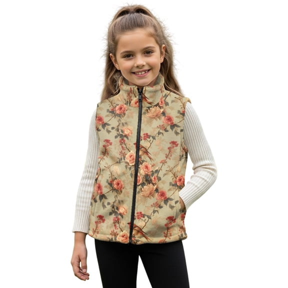 Xixirimido Cardinal Birds Roses Pattern Girls Boys Zippered Vest Warm Soft Fleece Vest for Kids Sleeveless Stand Collar Jacket with Pockets Fall Winter Outerwear for 2T