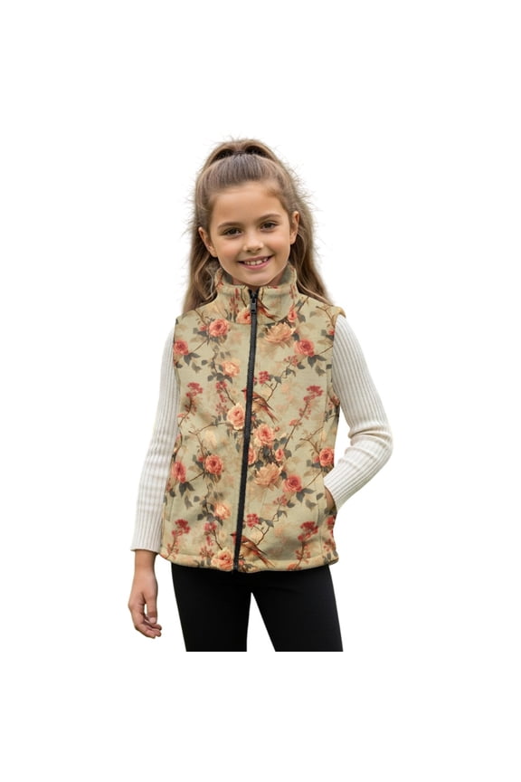 Cardinal Birds Roses Pattern Girls Boys Zippered Vest Warm Soft Fleece Vest for Kids Sleeveless Stand Collar Jacket with Pockets Fall Winter Outerwear for 3T