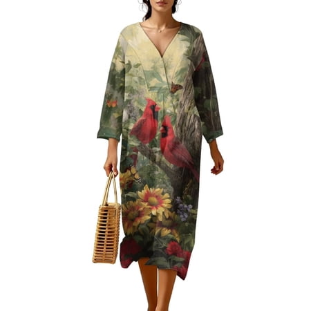 Xixirimido Cardinal Butterfly Sunflower Forest Print Spring Summer Dress for Women Casual Loose Flowy Dress 3/4 Sleeve V-Neck Linen Dresses Beach Vacation Midi Dresses 4XL