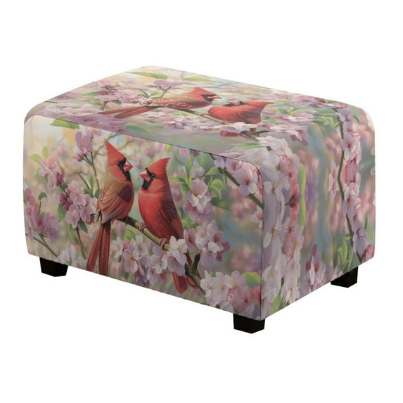 Xixirimido Cardinal Cherry Blossom Pattern Ottoman Cover Rectangle Stretch Footrest Stool Cover for Storage Ottoman, Foot Stool Slipcover Protector with Nonslip Elastic Bottom, Small