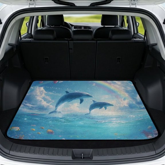 Xixirimido Cargo Liner Floor Mat All Weather Trunk Protection Trimmable to Fit Heavy Duty Car Trunk Mat Universal Car Accessories, 29" x 39", Sea Dolphin Rainbow