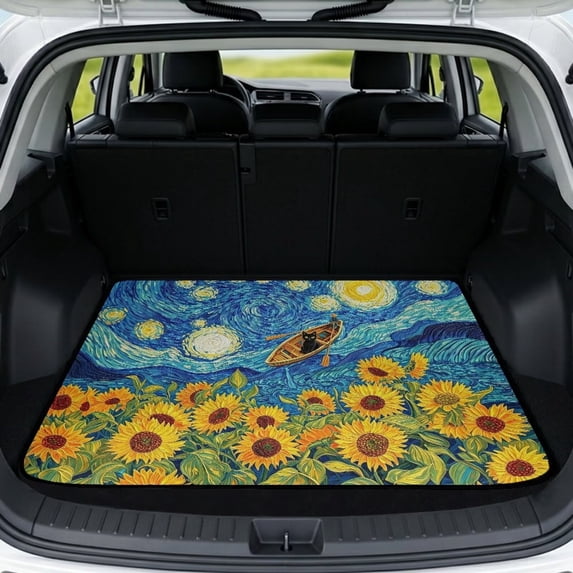 Xixirimido Cargo Liner Floor Mat All Weather Trunk Protection Trimmable to Fit Heavy Duty Car Trunk Mat Universal Car Accessories, 29" x 39", Starry Night Cat Sunflower