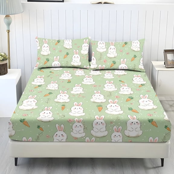 Xixirimido Carrot Bunny Rabbits Green Print Sheet Set Soft Fade Resistant 3 Piece Bed Sheet Set All Around Elastic Fitted Sheet & Pillowcases Home Bedroom Decor, Twin Size