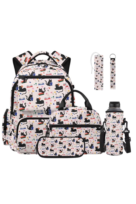 Cartoon Cats Books Floral Print 6Pcs Matching School Supplies Set - Backpack Lunch Bag Pencil Case Water Bottle Sleeve Keychin Bookmark, Multi Pocket Kids Teens Bookbag