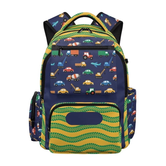 Xixirimido Cartoon Construction Trucks Print 17" School Backpack for Boys Multi-pocket Bookbags Large School Bag for Elementary Middle High School Students Back to School Supplies