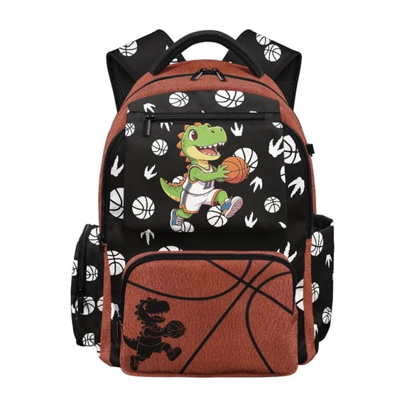 Xixirimido Cartoon Dinosaur Basketball Print 17inch Backpack for Kids Multi-pocket School Bag for Boys Large Capacity Bookbag for Preschool Kindergarten Elementary Students
