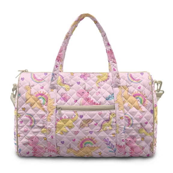 Xixirimido Cartoon Dinosaurs Hearts Rainbow Pink Print Gym Bag for Women, Quilted Duffle Bag with Trolley Sleeve for Travel, Weekender Overnight Bag for Men Hospital Bags for Women