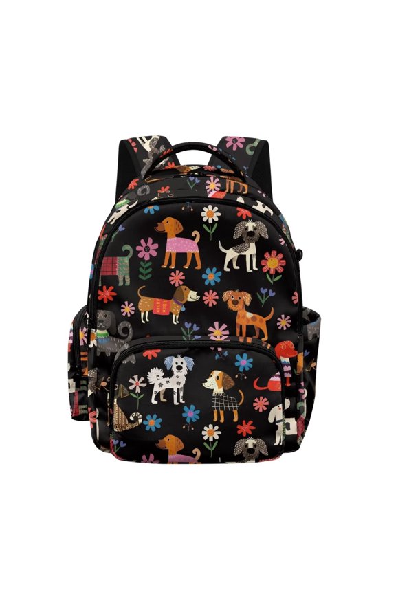 Cartoon Dogs & Floral Print 17" Large Capacity Backpack for Kids Elementary Bookbag Middle High School Bag for Boys & Girls Multi Pockets Rucksack