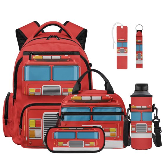 Xixirimido Cartoon Fire Engine Red Print 6Pcs School Bag with Thermal Lunch Box Pencil Case Water Bottle Holder Keychain and Bookmark for Boys 17 Inch Backpack Set