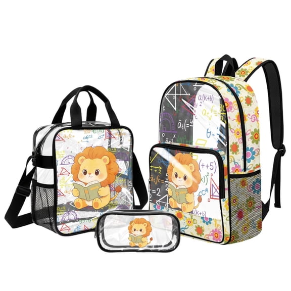 Xixirimido Cartoon Lion Boho Floral Print 3PCS Clear Backpack Set Heavy Duty See Through School Bag with Clear Lunch Bag & Pencil Case Transparent Bookbag for Boys Girls
