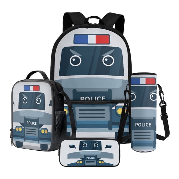 Xixirimido Cartoon Police Car Pattern 4Pcs Children Schoolbag Set Large Capacity Backpack with Lunch Box Pencil Pouch and Water Bottle Holder Bag for Teens Boys Girls Bookbag Set