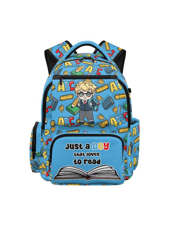 Cartoon School Boy Alphabet Stationery Print Kids Backpacks for Boys, 17 Inch Large Capacity Backpack Toddler Elementary Schoolbag for Teens Students Lightweight Durable Bookbag