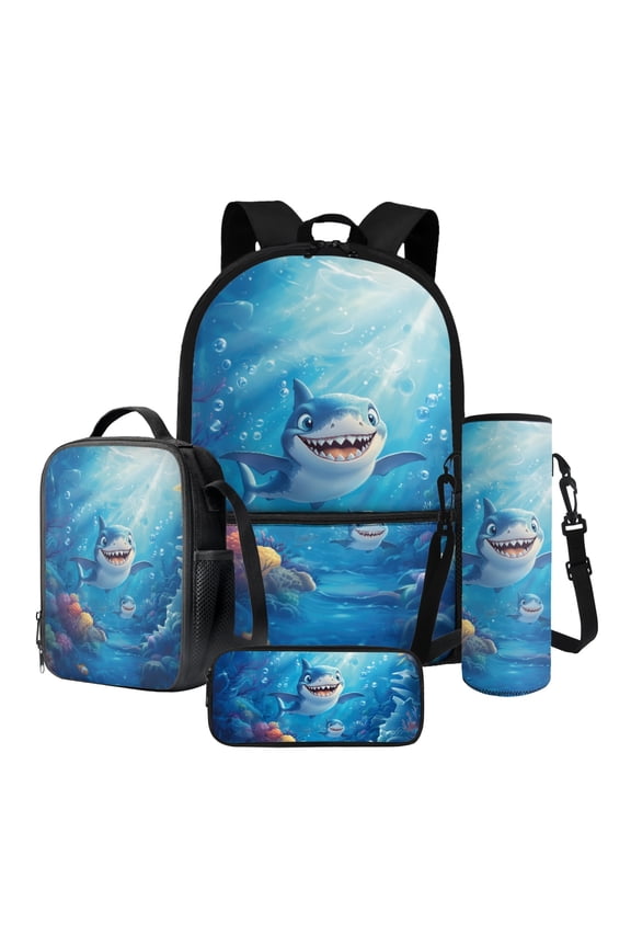 Cartoon Sharks Undersea Pattern School Backpack 4Pcs Set 17" School Bag with Thermal Lunch Bag Pencil Case and Water Bottle Holder Back to School Gift for Kids Elementary Students