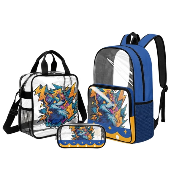 Xixirimido Cartoon Wolf Lightning Print Clear Backpack for Boys Girls, Kids Backpack Set with Lunch Box Pencil Bag PVC See Through Transparent Bookbag for School Stadium